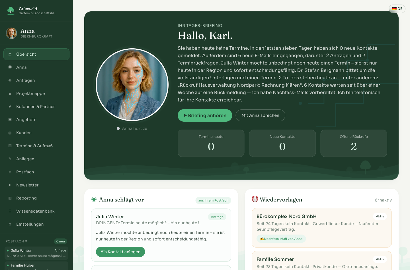 Anna-Dashboard mit Tages-Briefing für den GaLaBau-Betrieb