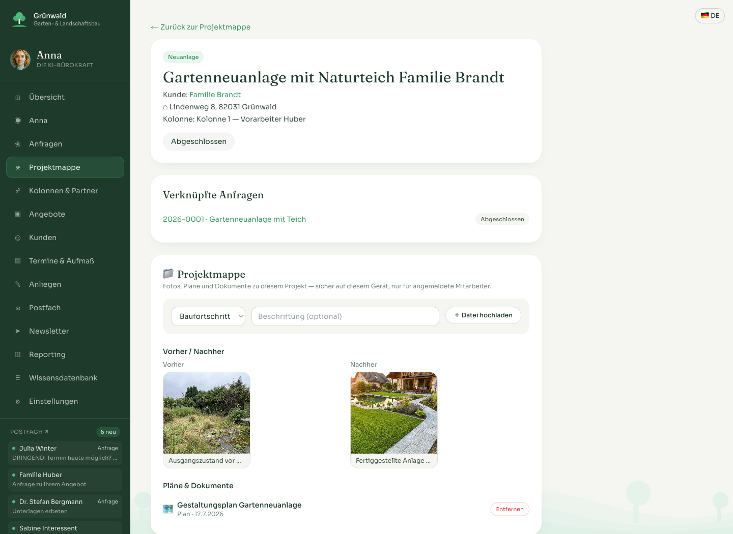 Projektmappe mit Vorher-Nachher-Fotos und Gestaltungsplan